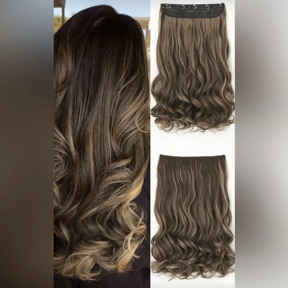 22” Clip-In Hair Extension Brown with Blonde Highlights Wavy | Volume Hairpiece